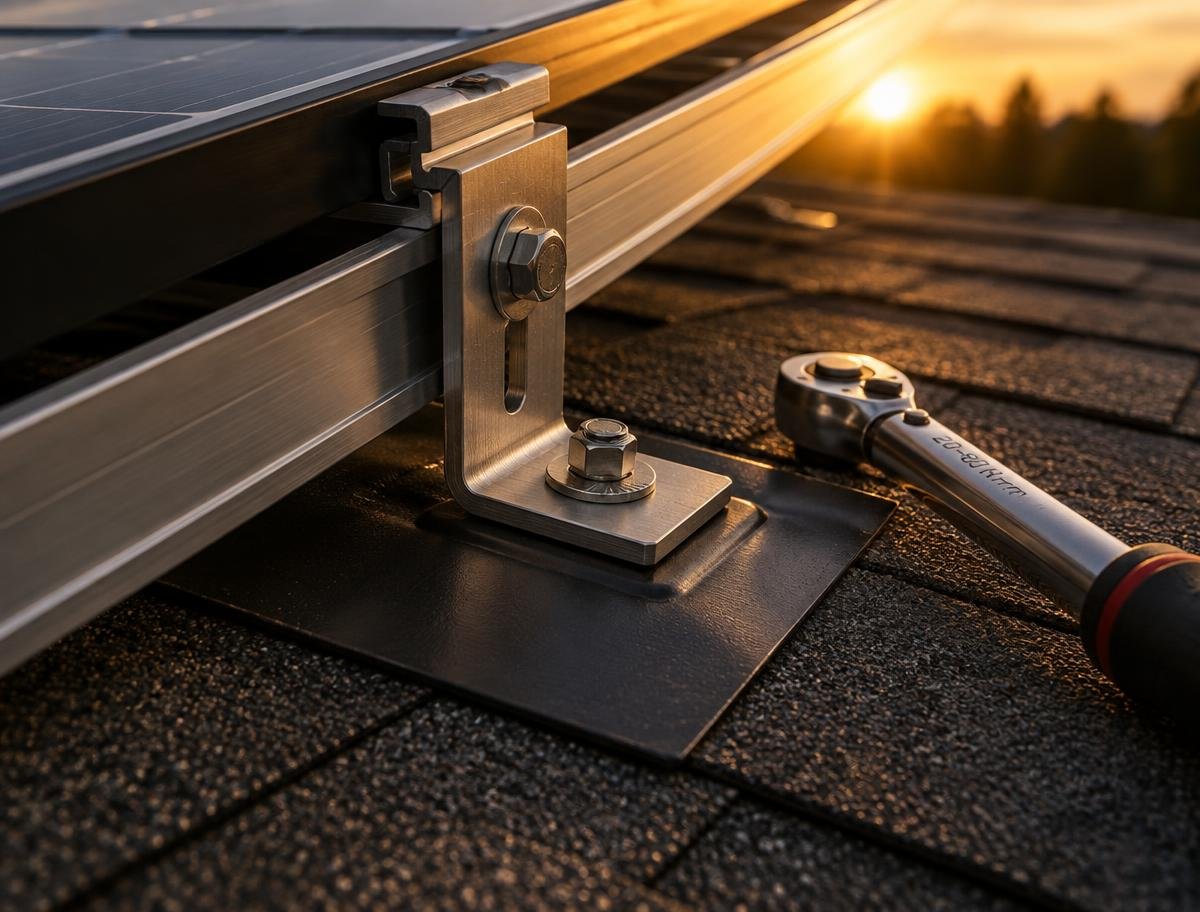 Close-up of solar mounting rail, bracket and flashing on a new roof