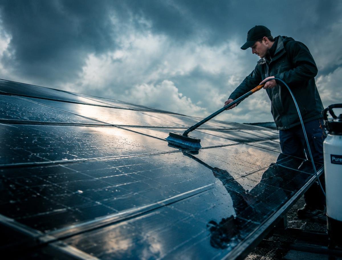 Technician washing rooftop solar panels with a soft brush
