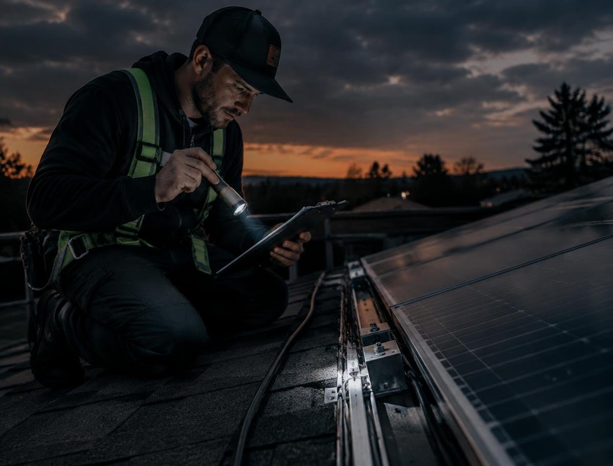 Technician inspecting solar panels and mounting rails on a residential roof