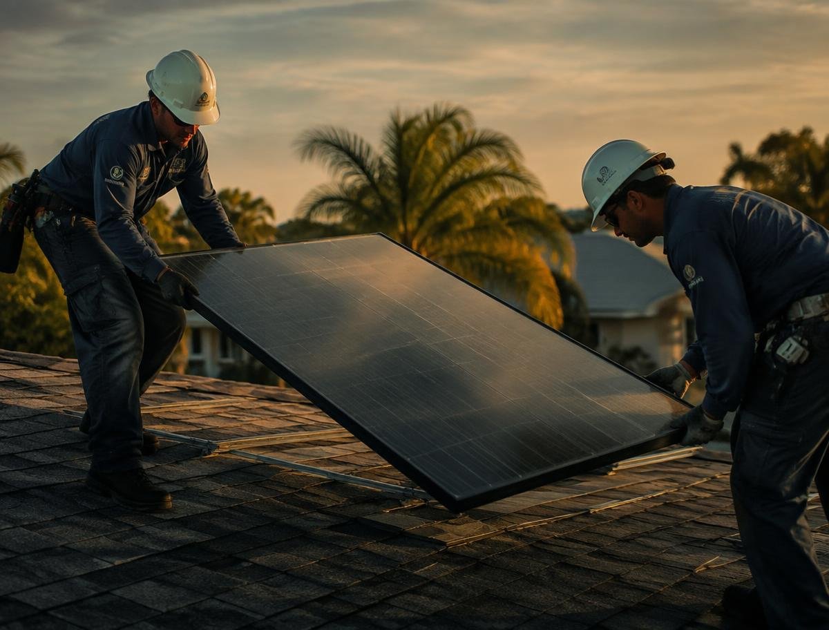 Technicians lifting a solar panel off a shingle roof