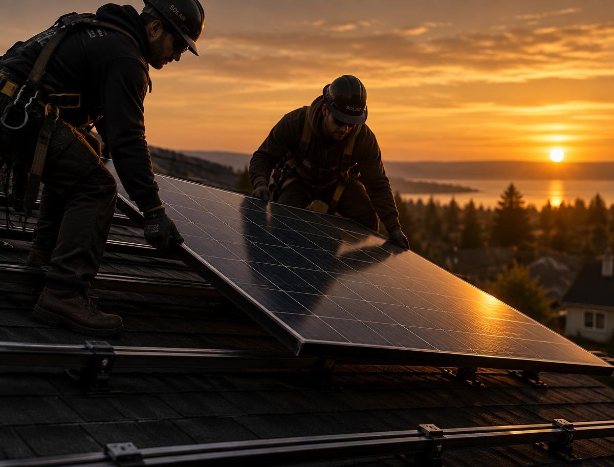 Solar panel being remounted during warranty-conscious reinstallation